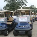 Golf Carts Lined Up in Two Lines in the Parking Lot