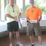 Two Men in Orange and Yellow Top Holding Trophies