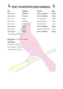 2022 Fastpitch Post 70 Schedule Poster