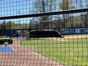 A baseball stadium with players in it